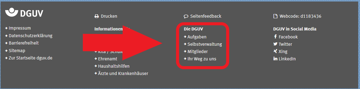 Bild zeigt Links zu allgemeinen Informationen über das Unternehmen DGUV. 