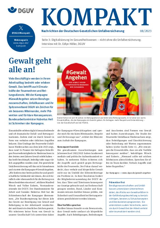 Titelbild DGUV Kompakt 8/2023 mit der Titelstory: Gewalt geht alle an!