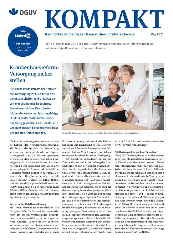 Titelbild DGUV Kompakt 4/2024 mit der Titelstory: Krankenhausreform