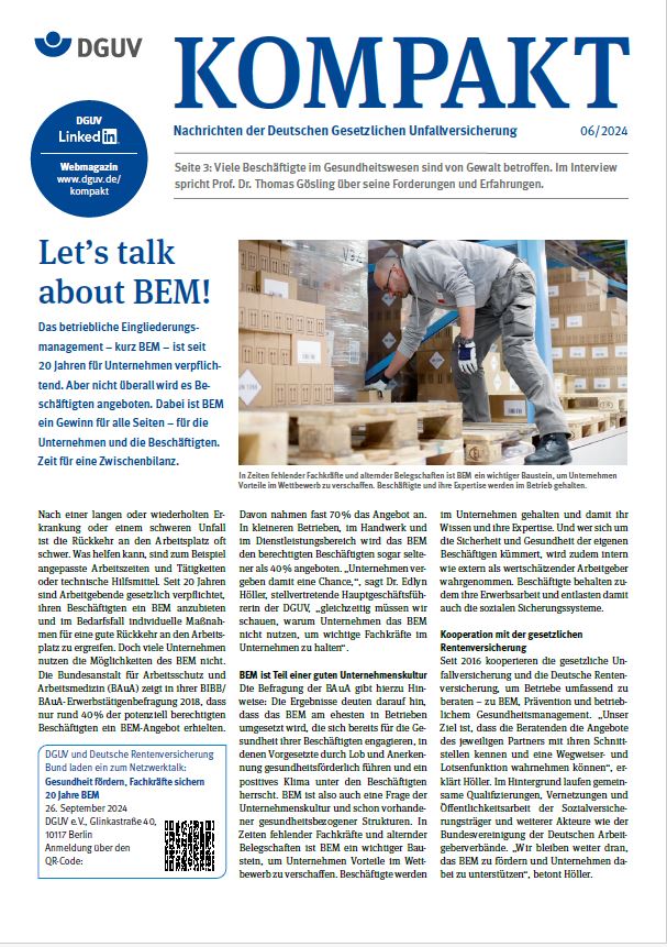 Titelbild DGUV Kompakt 6/2024 mit der Titelstory: Let´s talk about BEM