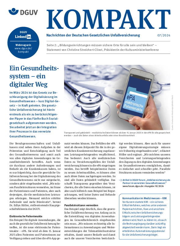 Titelbild DGUV Kompakt 7/2024 mit der Titelstory: Ein Gesundheitssystem - ein digitaler Weg